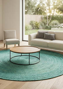 Rugs: Green Handmade Jute Round Rug