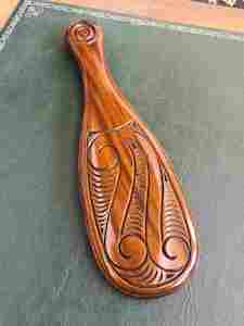 Aoraki wood carved Maori Patu on Stand