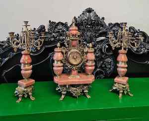Italian Brass & Marble Clock Garniture