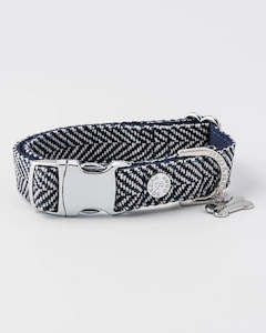 Hugo & Hudson Tweed Metal Buckle Dog Collar - Navy Herringbone