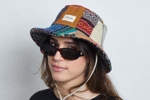 Woven Hemp Hat: Bucket Earth Wave Patch Work Hemp&Cotton Hat