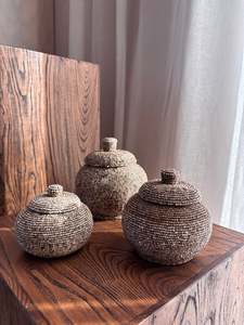 Wooden Pot with Beaded Exterior - Natural