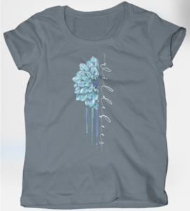Products: Vertical Dahlia Tee- Ladies – Colour storm – SA Clothing Limited