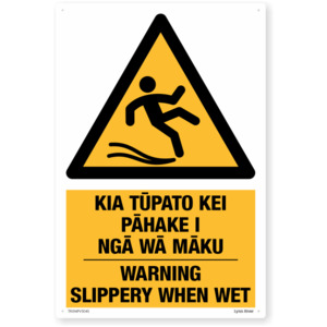 Products: Te Reo Slippery When Wet Safety Sign – SafeTradie