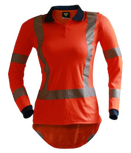 Polos: PCP1219 Caution Hi-Vis TTMC-W22 Long Sleeve Womens Microfibre Polo, Orange, Sizes 4 to 28 - Safety Equipment NZ, Tauranga, Hamilton, Cambridge, Rotorua, BOP
