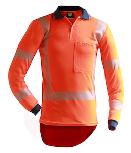 Polos: PCP1240 Caution Hi-Vis TTMC-W22 Long Sleeve Segmented Tape Microfibre Polo, Orange, Sizes XS to 9XL - Safety Equipment NZ, Tauranga, Hamilton, Cambridge, Rotorua, BOP