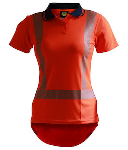Polos: PCP1242 Caution Hi-Vis TTMC-W22 Short Sleeve Segmented Tape Womens Microfibre Polo, Orange, Sizes 4 to 28 - Safety Equipment NZ, Tauranga, Hamilton, Cambridge, Rotorua, BOP