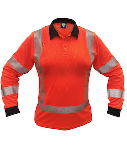 Polos: PCP1274 Caution TTMC-W22 X-Back Womens Long Sleeve Microvent Polo, Orange, Sizes 4 to 28 - Safety Equipment NZ, Tauranga, Hamilton, Cambridge, Rotorua, BOP