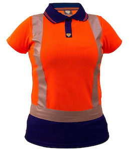 Polos: PCP1214 Caution Hi-Vis Day/Night Womens Microfibre Polo, Orange/Navy, Sizes 4 to 28 - Safety Equipment NZ, Tauranga, Hamilton, Cambridge, Rotorua, BOP