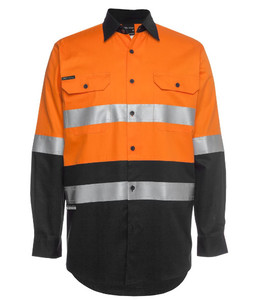 Shirts: 6DNWL JB's Hi-Vis Day/Night Long Sleeve 150g Cotton Work Shirt, Orange/Black, Sizes 3XS to 8XL/9XL - Safety Equipment NZ, Tauranga, Hamilton, Cambridge, Rotorua, BOP