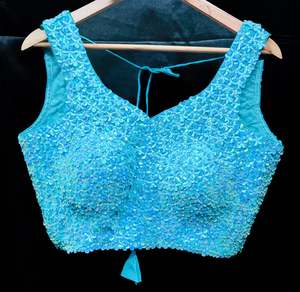 Sky Blue color floral sequined work padded blouse (extra fabric inside to expand&hellip;