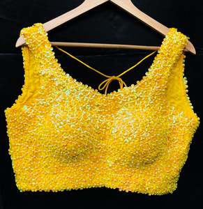 Blouse: Yellow color floral sequined work padded blouse (extra fabric inside to expand the size)back hook open