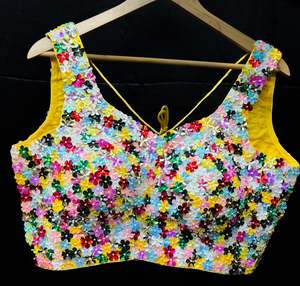 Yellow color multicoloured floral sequined work padded blouse (extra fabric insi&hellip;