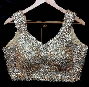 Blouse: Bright Gold color floral sequined work padded blouse (extra fabric inside to expand the size)back hook open