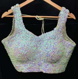 Mint color floral sequined work padded blouse (extra fabric inside to expand the&hellip;