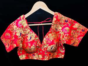Red color soft silk based fabric with floral print work padded blouse (extra fab&hellip;