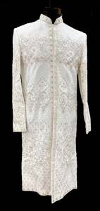 Indo Western: (Video clip attached )Cream color heavy embroidery & pearl sequined work all over with hand work pearl beaded neck, buttons and sleeves design Sherwani and Pants(waist belt for dupatta)