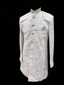 Indo Western: (Video clip attached) White color based pink color heavy embroidery & pearl sequined work all over with hand work pearl beaded neck, buttons and sleeves design Sherwani and Pants