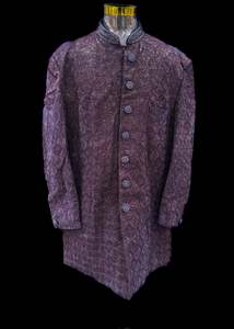 Indo Western: (Video clip attached )Deep Wine color based heavy embroidery & sequined work all over with hand work pearl beaded neck, buttons and sleeves design Sherwani and black Pants