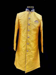 Indo Western: (Video clip attached )Yellow color silk based heavy embroidery work with all over sequinned work Jacket style Mens classy Indo western with (half sleeves Kurta ) and Pants