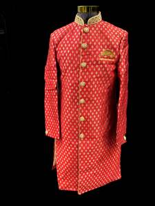 Indo Western: (Video clip attached ) Deep Red color silk based heavy embroidery work with all over sequinned work Jacket style Mens classy Indo western with (half sleeves Kurta ) and Pants