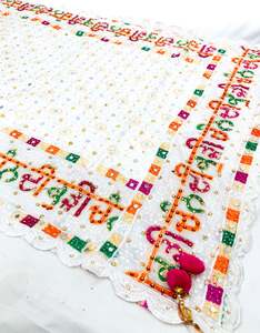 Phulkari Dupatta: Chann di Kudi written in Punjabi on Pure chiffon based very Heavy work Phulkari dupatta all over stone work and mirror