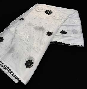 Plain Dupatta: White and black color Pure chiffon based soft embroidery & lace work-border dupatta with fine stores work all over