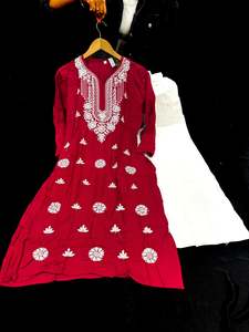 Kurtis With Pant: Maroon color Very very soft Pure Rayon based lakhnavi work kurti with white color cotton based lakhnavi work plazo pants
