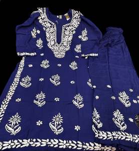 Blue color Very very soft Pure Rayon based lakhnavi work kurti with plazo pants