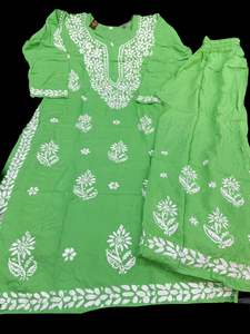 Kurtis With Pant: Cool Green color Very very soft Pure Rayon based lakhnavi work kurti with plazo pants