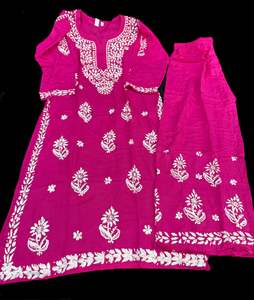Hot Pink color Very very soft Pure Rayon based lakhnavi work kurti with plazo pants