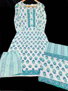 Pure cotton based printed work kurti with plazo pants & printed cotton dupatta