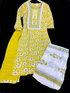 Pure cotton based printed work kurti with plazo pants & printed cotton dupatta