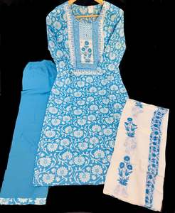 Pure cotton based printed work kurti with plazo pants & printed cotton dupatta