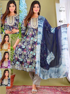 Kurtis With Pant: Rayon based embroidery work neck design flared kurti with pants & dupatta