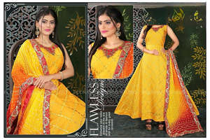 Mustard and Red color Chanderi silk based embroidery work long kameez with dupatta