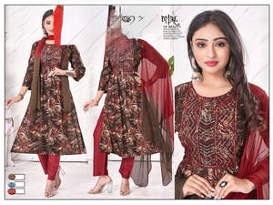 Kurtis With Pant: Rayon based embroidery work neck design flared kurti with pants & dupatta
