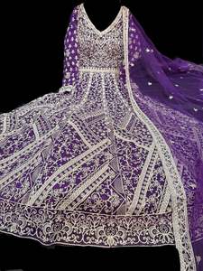Ladies Suits Gowns: (Video clip attached ) Purple color Netting based heavy Embroidery With Sequined Work Designer Kameez /Gown and Georgette Based heavy embroidery work with sequined work Dupatta