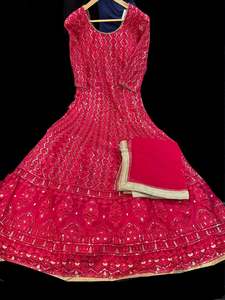 Ladies Suits Gowns: Netting Based Lakhnavi Embroidery Work With Sequins Work All Over Lehnga And Crop Top Designer Blouse And Georgette Sequined Dupatta