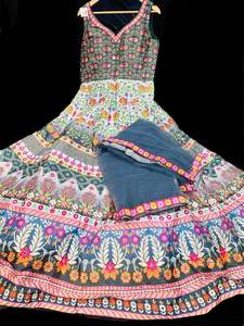 Ladies Suits Gowns: Silk based printed with Mirror work heavy flared gown and dupatta
