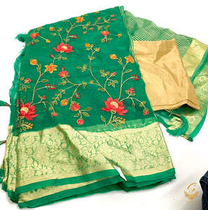 Casual: Green colour very soft organza based beautiful resham work embroidered saree