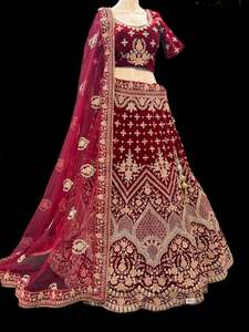 Crop Top: (Video clip attach)size 42(upto 46) fully stitched Red color full of embroidery and stones work blouse and all over heavy multi flared bridal wear lehnga with heavy work dupatta