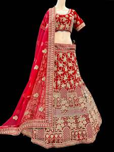 Crop Top: (Video clip attach)size 42(upto 46) fully stitched Red color full of embroidery and stones work blouse and all over heavy multi flared bridal wear lehnga with heavy work dupatta