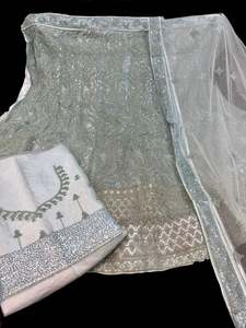 Crop Top: Pastel Baby Blue color full of stones work with embroidery work all over heavy flared netting based lehnga and heavy work dupatta
