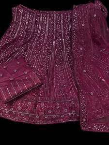 Party Wear Lehnga: Party wear wine color multicoloured sequined and embroidery work multiflared very heavy lehnga with heavy work design in blouse and embroidery dupatta (Unstitched Lehnga)