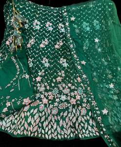 Party Wear Lehnga: Dark Green color heavy embroidery with sequined work multiflared very heavy lehnga with heavy work design in blouse and embroidery dupatta (Unstitched Lehnga)