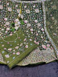 Party Wear Lehnga: Olive green color heavy embroidery with sequined work multiflared very heavy lehnga with heavy work design in blouse and embroidery dupatta (Unstitched Lehnga)and beautiful tessels