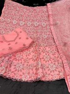Party Wear Lehnga: Neon Peach color Netting based embroidery work multiflared beautiful lehnga with embroidery work design in blouse and embroidery dupatta (Unstitched Lehnga)