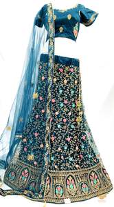 Dark Teal Blue colour netting based beautiful embroidered heavy work flared desi&hellip;