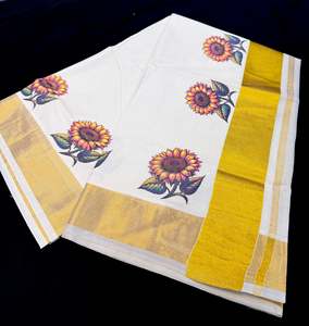 KERALA KASAVU COTTON SAREE WITH BEAUTIFUL FLORAL PRINT